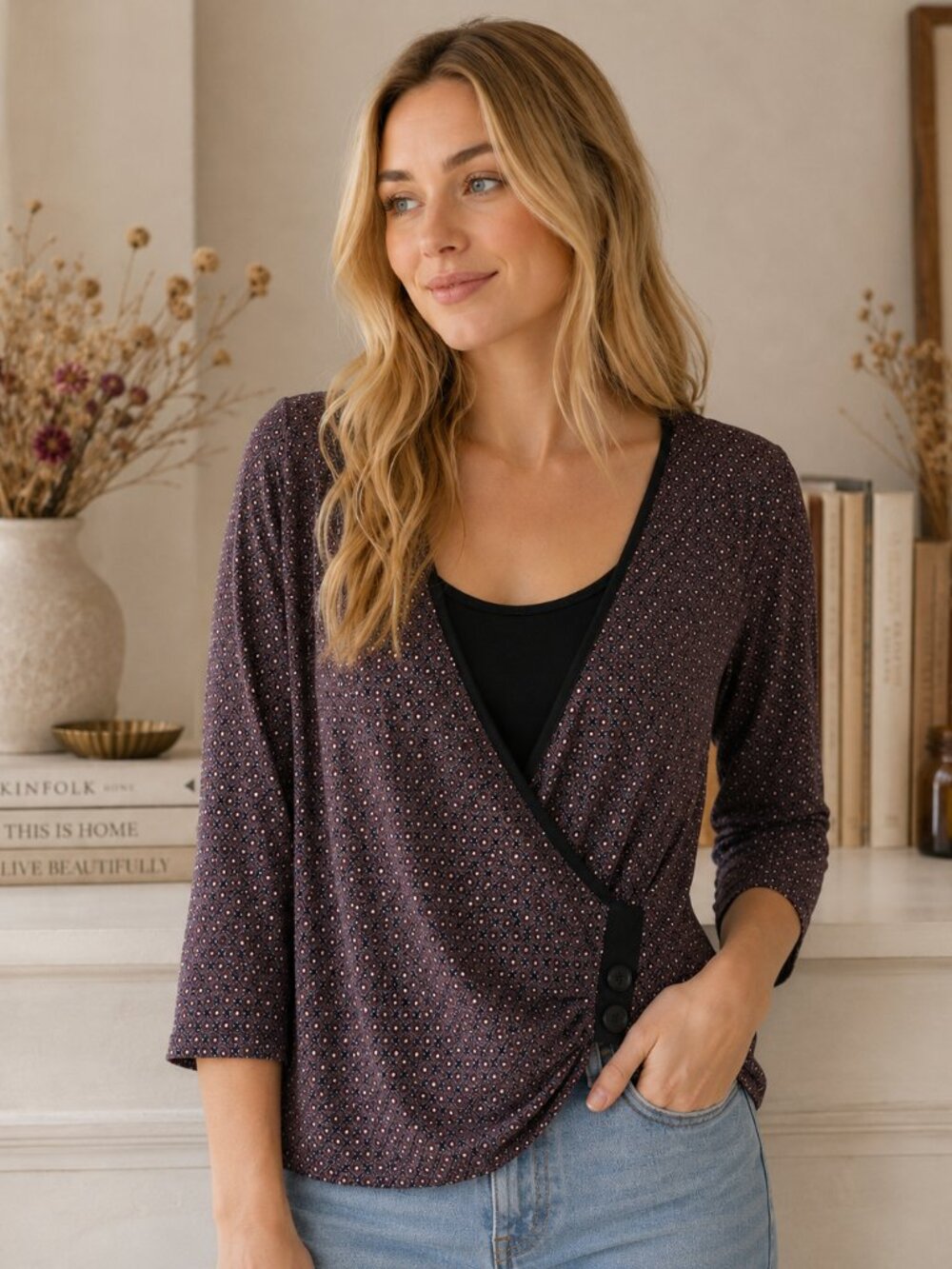 Tradition Faux Wrap Blouse Large | Burgundy Geometric Print 3/4 Sleeve Top